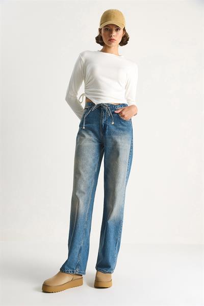 Kadın Belden İp Bağlamalı Denim Pantolon 5284  60284086 - Mavi