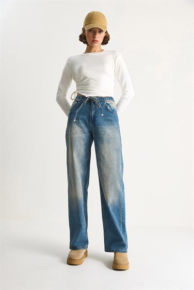 Kadın Belden İp Bağlamalı Denim Pantolon 5284  60284086 - Mavi