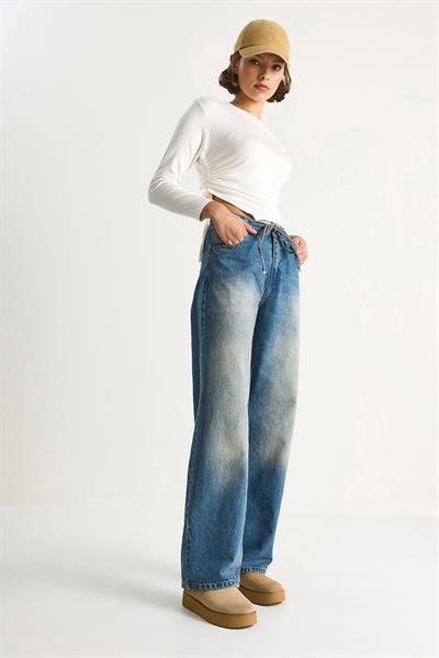 Kadın Belden İp Bağlamalı Denim Pantolon 5284  60284086 - Mavi