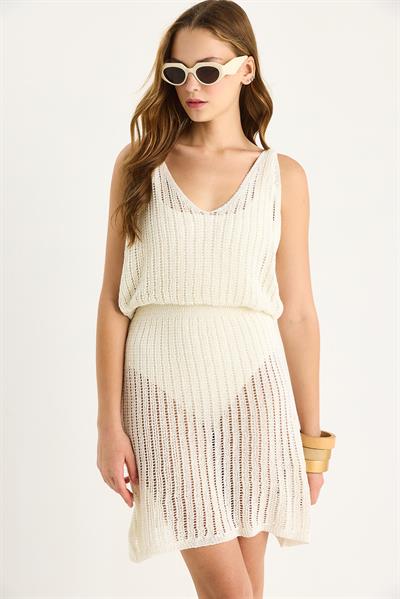Kadın Belden Oturtmalı V Yaka Plaj Elbisesi 20251015 - Ekru