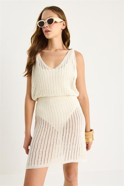 Kadın Belden Oturtmalı V Yaka Plaj Elbisesi 20251015 - Ekru