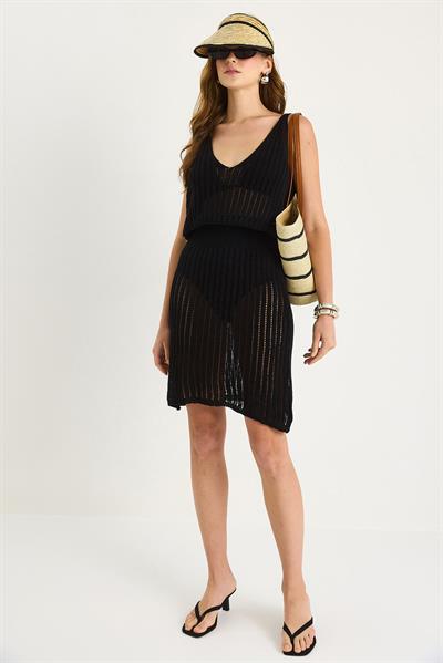 Kadın Belden Oturtmalı V Yaka Plaj Elbisesi 20251015 - Siyah