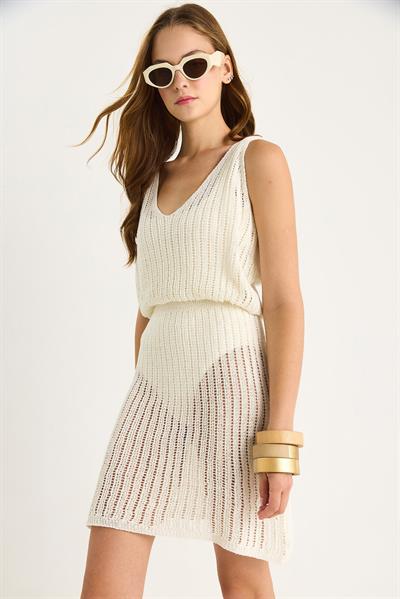 Kadın Belden Oturtmalı V Yaka Plaj Elbisesi 20251015 - Ekru