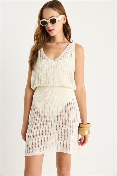 Kadın Belden Oturtmalı V Yaka Plaj Elbisesi 20251015 - Ekru