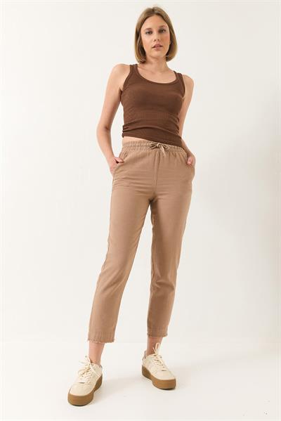 Kadın Beli Bağlamalı Paça Detaylı Cepli Keten Havuç Pantolon YP5134 60283180 - Vizon