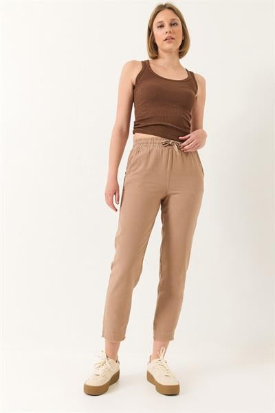 Kadın Beli Bağlamalı Paça Detaylı Cepli Keten Havuç Pantolon YP5134 60283180 - Vizon