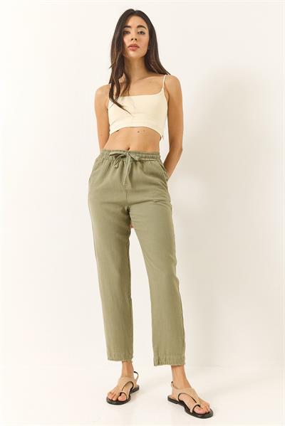 Kadın Beli Bağlamalı Paça Detaylı Cepli Keten Havuç Pantolon YP5134 60283180 - Haki