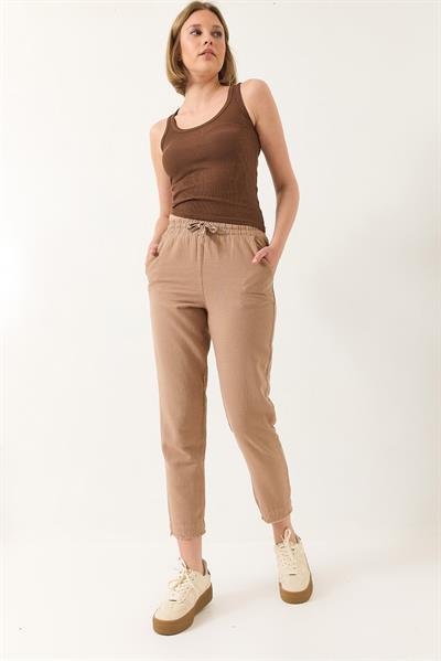 Kadın Beli Bağlamalı Paça Detaylı Cepli Keten Havuç Pantolon YP5134 60283180 - Vizon