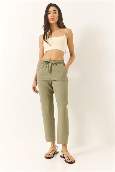 Kadın Beli Bağlamalı Paça Detaylı Cepli Keten Havuç Pantolon YP5134 60283180 - Haki