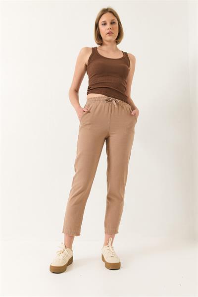 Kadın Beli Bağlamalı Paça Detaylı Cepli Keten Havuç Pantolon YP5134 60283180 - Vizon