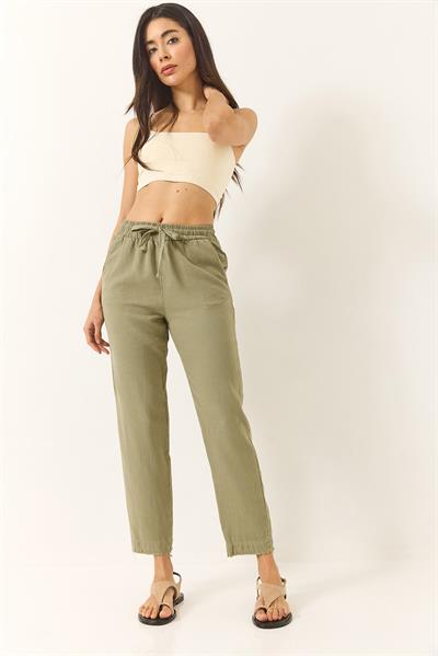 Kadın Beli Bağlamalı Paça Detaylı Cepli Keten Havuç Pantolon YP5134 60283180 - Haki