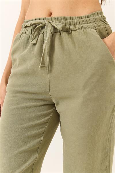 Kadın Beli Bağlamalı Paça Detaylı Cepli Keten Havuç Pantolon YP5134 60283180 - Haki