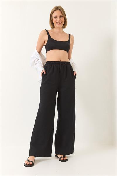 Kadın Beli Lastikli Bağlama Detaylı Cepli Keten Geniş Jogger Pantolon 3235 60281035 - Siyah