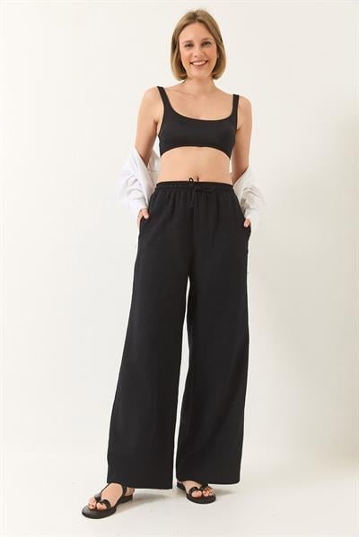Kadın Beli Lastikli Bağlama Detaylı Cepli Keten Geniş Jogger Pantolon 3235 60281035 - Siyah