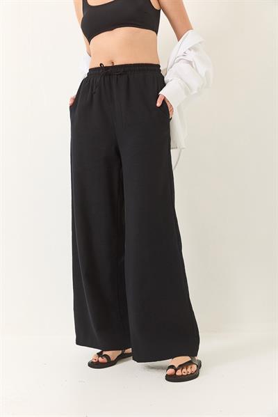 Kadın Beli Lastikli Bağlama Detaylı Cepli Keten Geniş Jogger Pantolon 3235 60281035 - Siyah