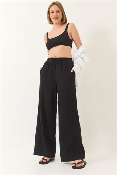 Kadın Beli Lastikli Bağlama Detaylı Cepli Keten Geniş Jogger Pantolon 3235 60281035 - Siyah