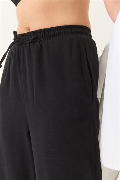 Kadın Beli Lastikli Bağlama Detaylı Cepli Keten Geniş Jogger Pantolon 3235 60281035 - Siyah