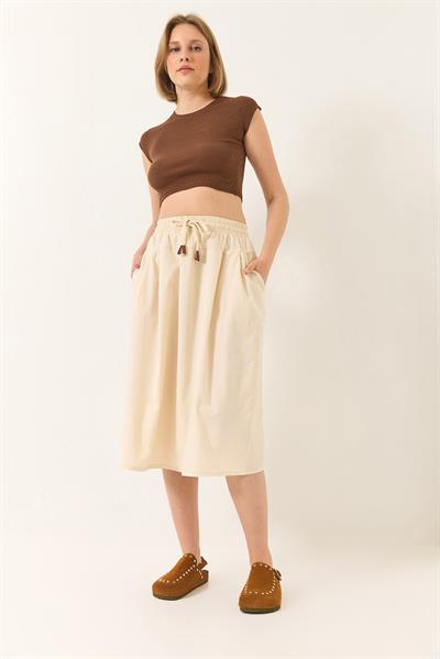 Kadın Beli Lastikli Bağlama Detaylı Cepli Poplin Etek YE4348 60283181 - Bej