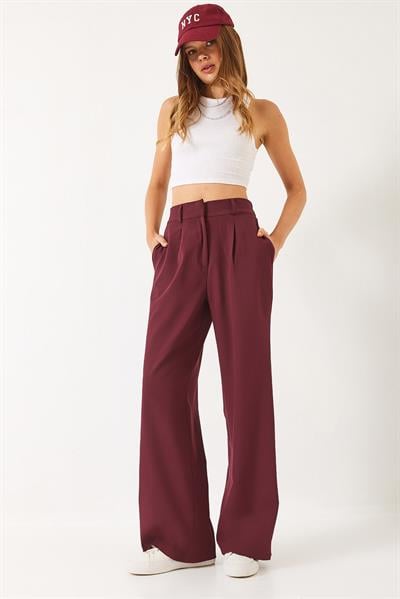 Kadın Beli Lastikli Bol Paça Pantolon 3314 60261045 - Vişne