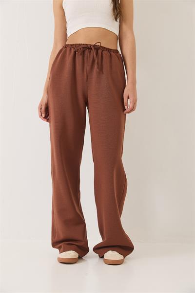 Kadın Beli Lastikli Cep Detaylı Palazzo Keten Pantolon 80182 60271083 - Kahverengi