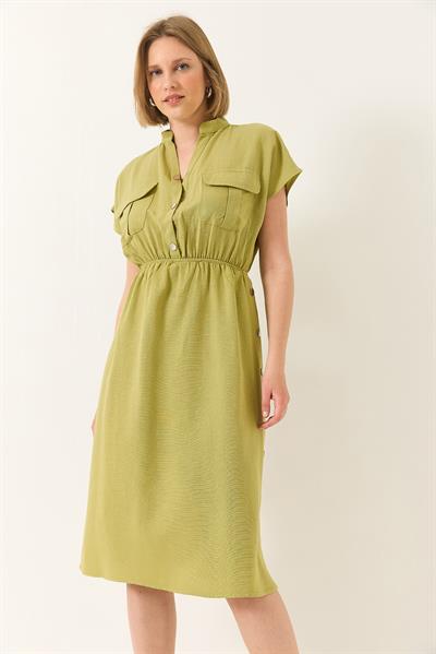 Kadın Beli Lastikli Çıtçıt Detaylı Cepli Keten Elbise 5921 60281033 - Fıstık Yeşili