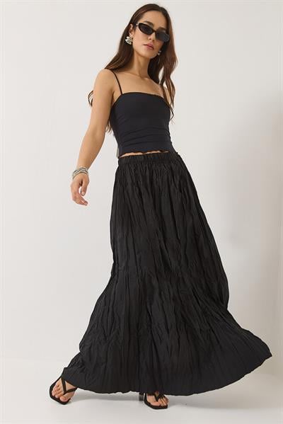 Kadın Beli Lastikli Crush Efektli Uzun Etek 60283112 - Siyah