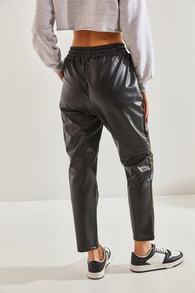 Kadın Beli Lastikli Deri Pantolon 60031011 - Siyah