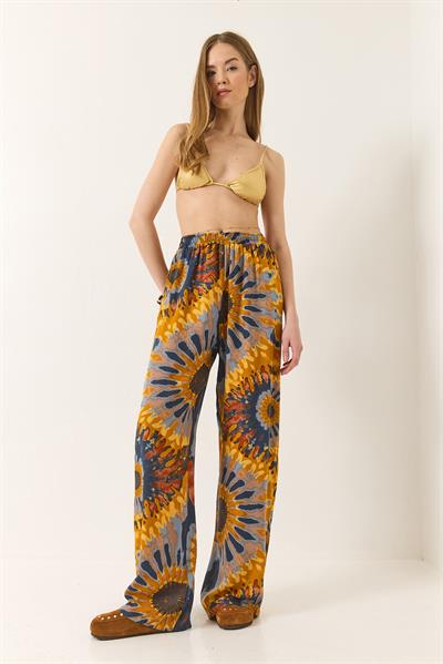 Kadın Beli Lastikli Desenli Cep Detaylı Dökümlü Viskon Palazzo Pantolon 60284035 - Mango