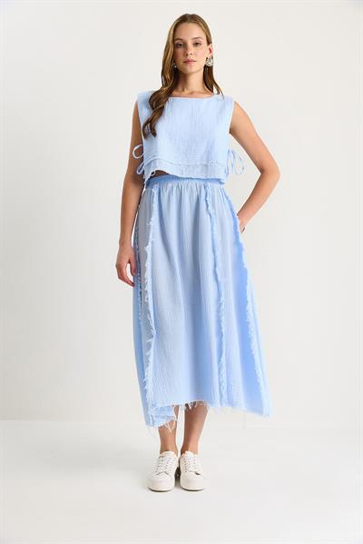 Kadın Beli Lastikli Etek Yandan Bağlama Detaylı Crop Müslin Alt-Üst Takım 60283236 - Bebe Mavisi
