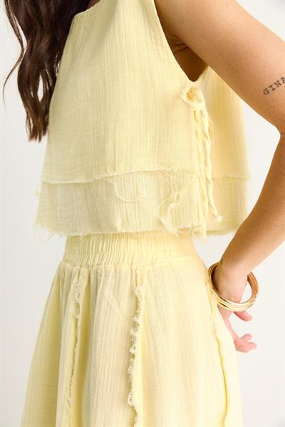 Kadın Beli Lastikli Etek Yandan Bağlama Detaylı Crop Müslin Alt-Üst Takım 60283236 - Limon Sarısı