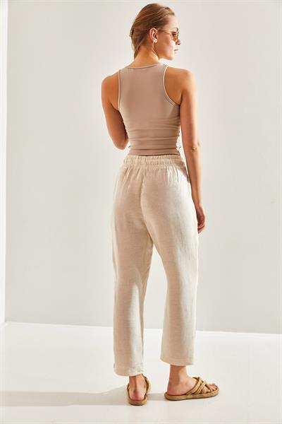 Kadın Beli Lastikli Keten Pantolon 60171026 - Bej