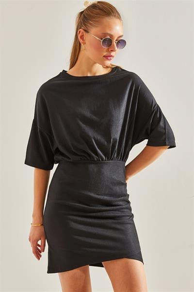 Kadın Beli Lastikli Önü Pileli Elbise 60191003 - Siyah