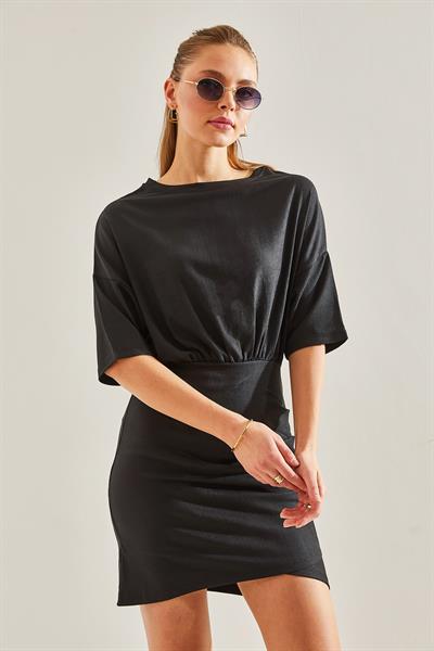 Kadın Beli Lastikli Önü Pileli Elbise 60191003 - Siyah