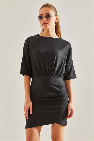 Kadın Beli Lastikli Önü Pileli Elbise 60191003 - Siyah