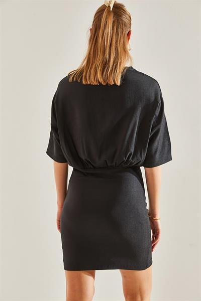 Kadın Beli Lastikli Önü Pileli Elbise 60191003 - Siyah