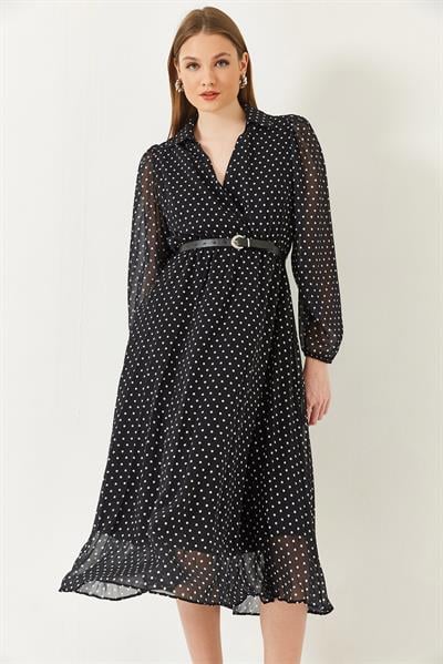Kadın Beli Lastikli Puantiyeli Şifon Astarlı Midi Dokuma Elbise 70295 60271032 - Siyah