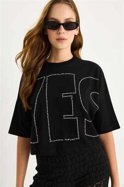 Bisiklet Yaka Taş Baskılı Basic Salaş T-Shirt 60602061 - Siyah