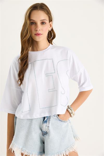 Bisiklet Yaka Taş Baskılı Basic Salaş T-Shirt 60602061 - Beyaz