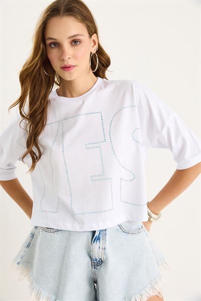 Bisiklet Yaka Taş Baskılı Basic Salaş T-Shirt 60602061 - Beyaz