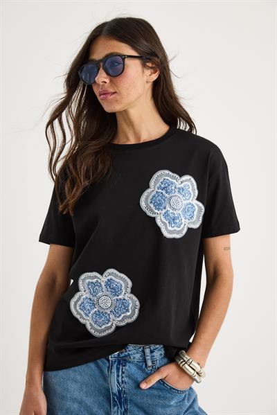 Çiçek Taş Aksesuarlı Kısa Kollu Bisiklet Yaka T-Shirt 60602059 - Siyah