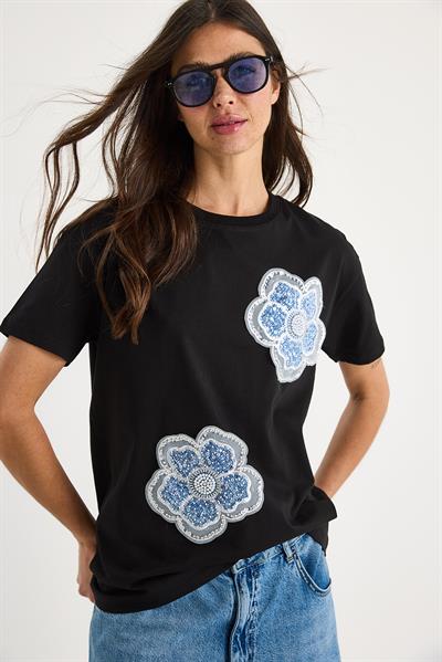 Çiçek Taş Aksesuarlı Kısa Kollu Bisiklet Yaka T-Shirt 60602059 - Siyah