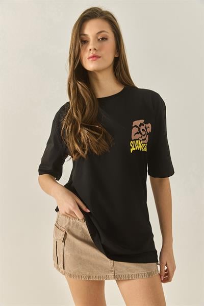 Kadın Bisiklet Çiçek Grafik Baskılı Oversize Pamuklu T-Shirt 60284050 - Siyah