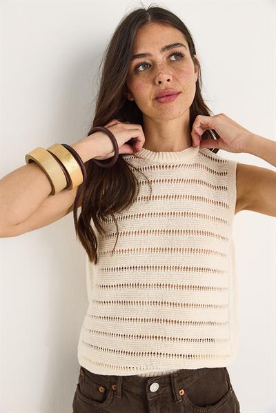 Kadın Bisiklet Yaka Ajurlu Basic Triko Bluz 20258009 - Ekru