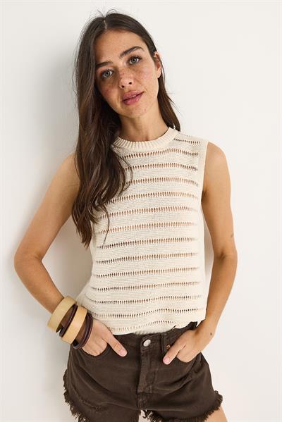Kadın Bisiklet Yaka Ajurlu Basic Triko Bluz 20258009 - Ekru