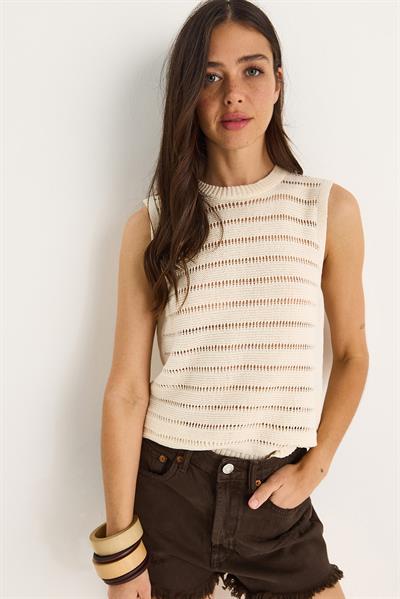Kadın Bisiklet Yaka Ajurlu Basic Triko Bluz 20258009 - Ekru