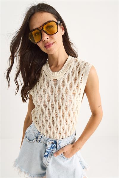 Kadın Bisiklet Yaka Ajurlu Örgü Bluz 20258002 - Ekru