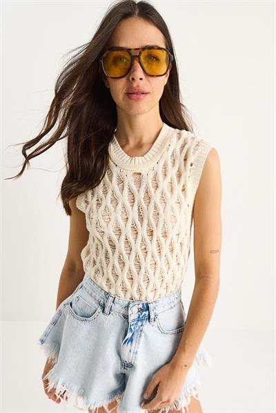 Kadın Bisiklet Yaka Ajurlu Örgü Bluz 20258002 - Ekru
