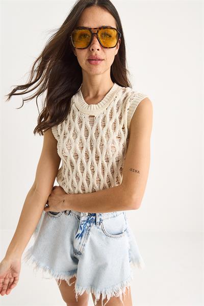 Kadın Bisiklet Yaka Ajurlu Örgü Bluz 20258002 - Ekru