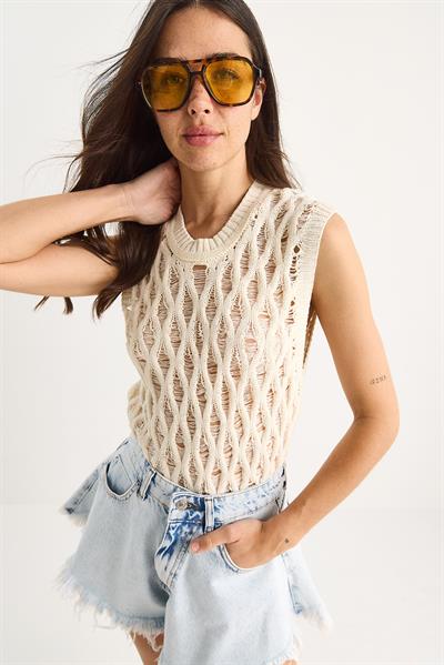 Kadın Bisiklet Yaka Ajurlu Örgü Bluz 20258002 - Ekru