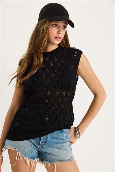 Kadın Bisiklet Yaka Ajurlu Örgü Bluz 20258002 - Siyah